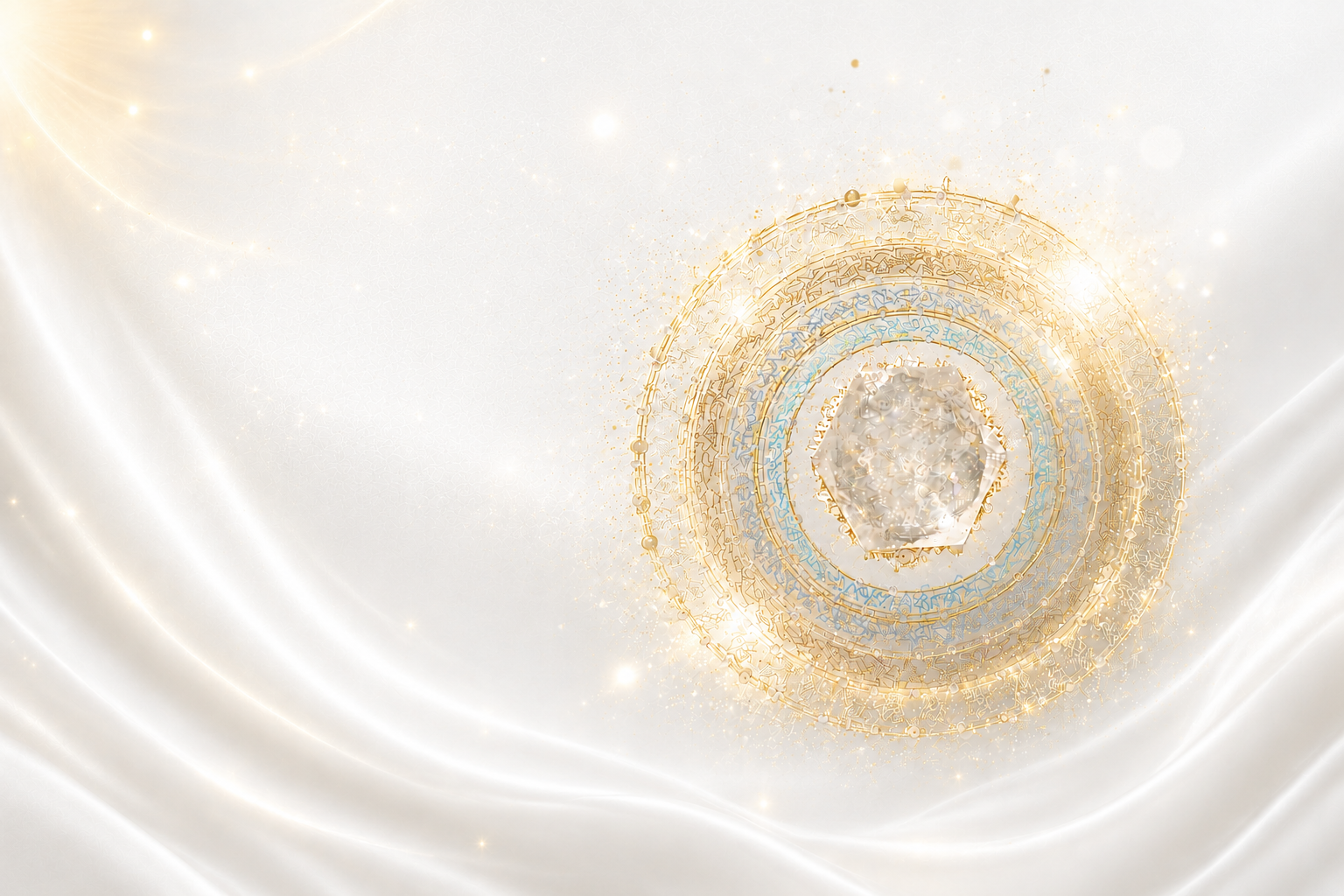 A luminous golden mandala dissolving into pearl-white silk — the Wheel of Inner Virtue.